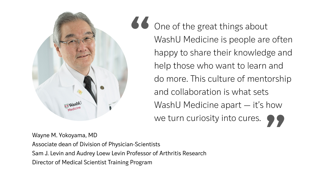 "One of the great things about WashU Medicine is people are often happy to share their knowledge and help those who want to learn and do more. This culture of mentorship and collaboration is what sets WashU Medicine apart — it’s how we turn curiosity into cures."

Wayne M. Yokoyama, MD
Associate Dean of Division of Physician-Scientists
Sam J. Levin and Audrey Loew Levin Professor of Arthritis Research
Director of Medical Scientist Training Program